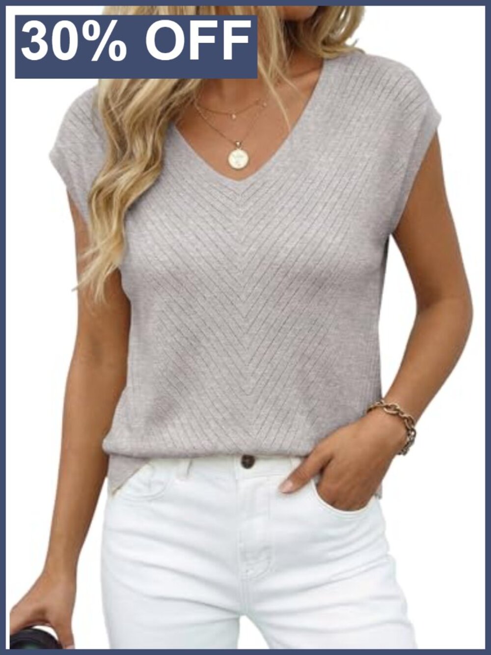 Eyelet Cap Sleeve Knit Vest V Neck Loose Business Casual Tank Top